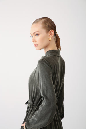 Floral Embroidery Detail Waist Tie Dress - Khaki - QLISHE