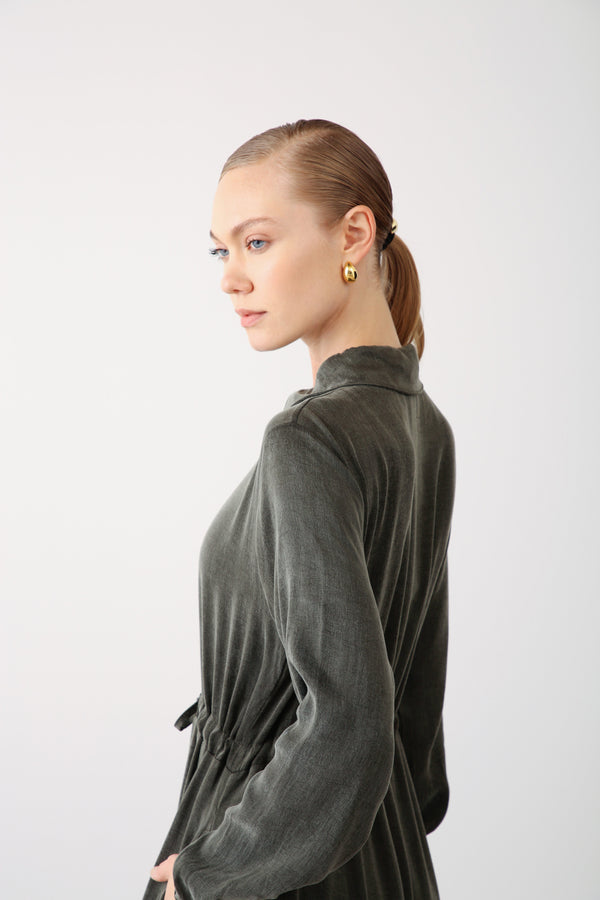 Floral Embroidery Detail Waist Tie Dress - Khaki - QLISHE