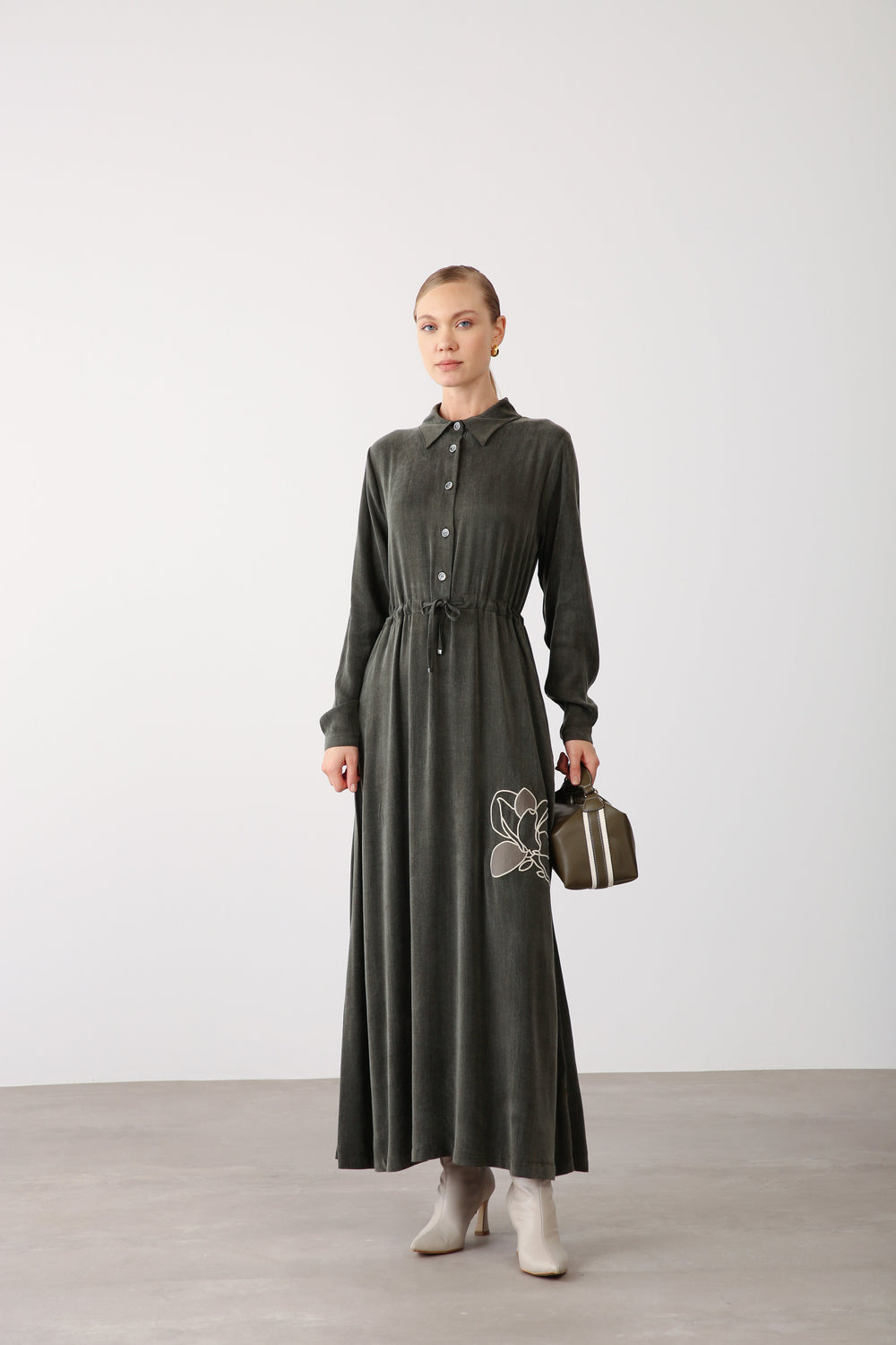 Floral Embroidery Detail Waist Tie Dress - Khaki - QLISHE