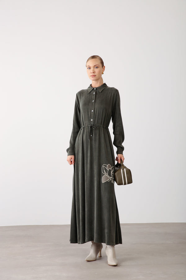 Floral Embroidery Detail Waist Tie Dress - Khaki - QLISHE