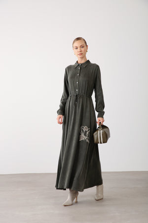 Floral Embroidery Detail Waist Tie Dress - Khaki - QLISHE