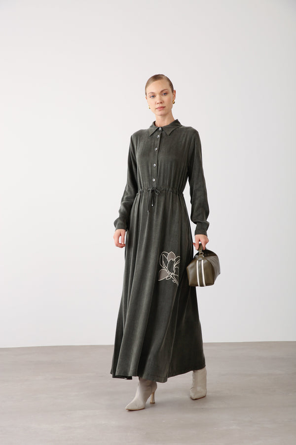Floral Embroidery Detail Waist Tie Dress - Khaki - QLISHE