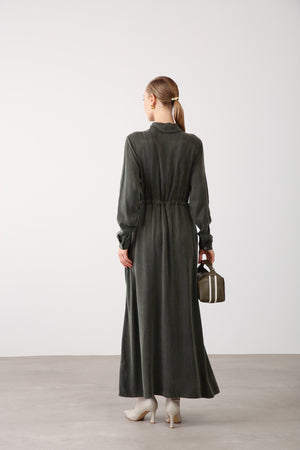 Floral Embroidery Detail Waist Tie Dress - Khaki - QLISHE