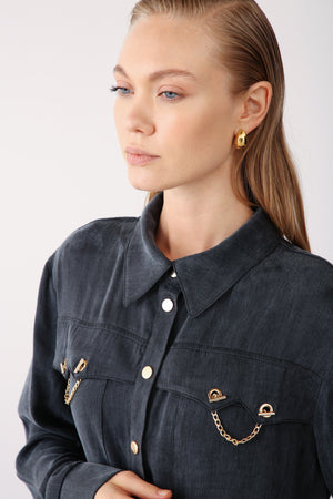 Gold Chain Detailed Pocket Shirt - Black - QLISHE