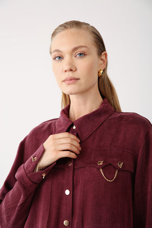 Gold Chain Detailed Pocket Shirt - Bordeaux - QLISHE