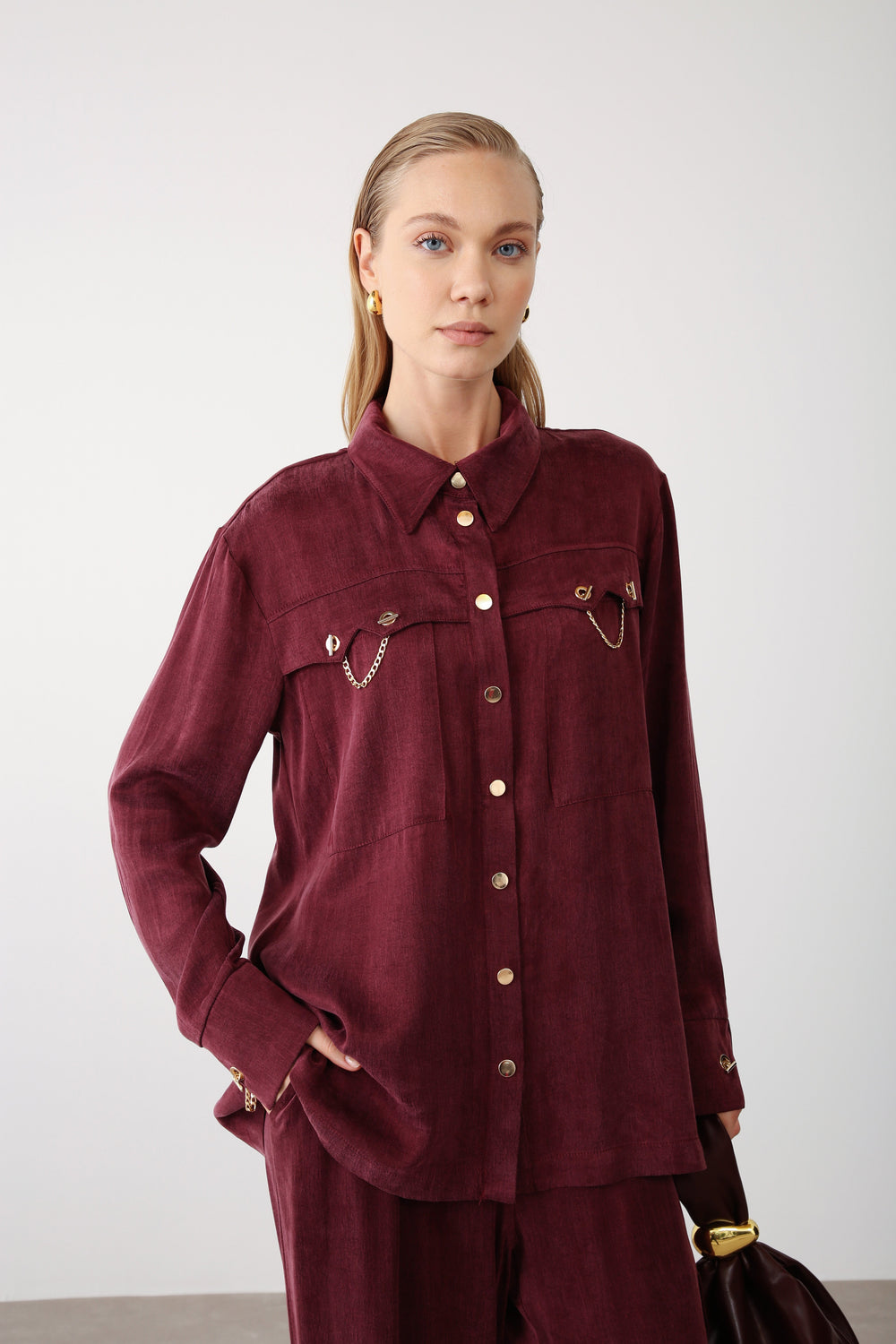 Gold Chain Detailed Pocket Shirt - Bordeaux - QLISHE