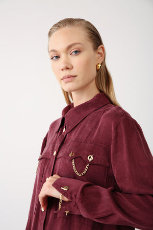 Gold Chain Detailed Pocket Shirt - Bordeaux - QLISHE