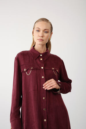 Gold Chain Detailed Pocket Shirt - Bordeaux - QLISHE