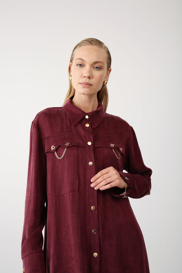 Gold Chain Detailed Pocket Shirt - Bordeaux - QLISHE