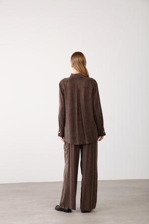 Gold Chain Detailed Pocket Shirt - Brown - QLISHE