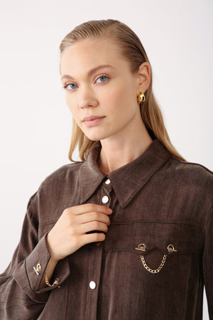 Gold Chain Detailed Pocket Shirt - Brown - QLISHE