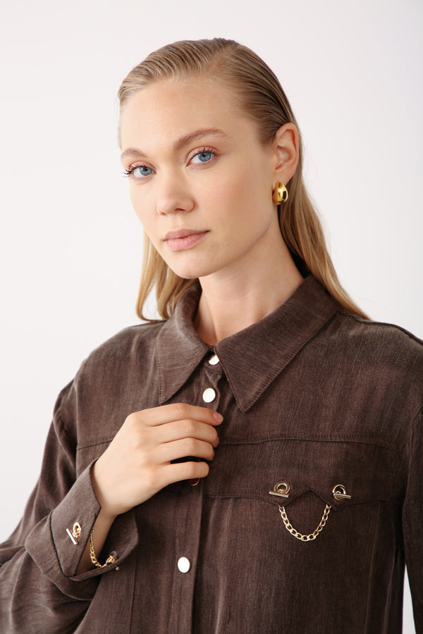 Gold Chain Detailed Pocket Shirt - Brown - QLISHE