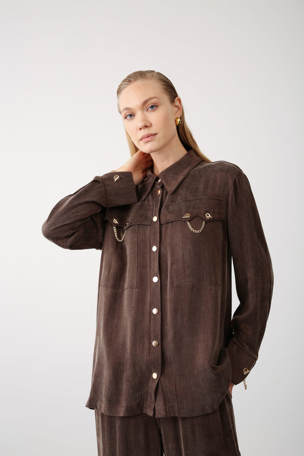 Gold Chain Detailed Pocket Shirt - Brown - QLISHE