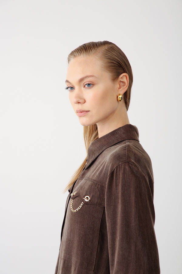 Gold Chain Detailed Pocket Shirt - Brown - QLISHE