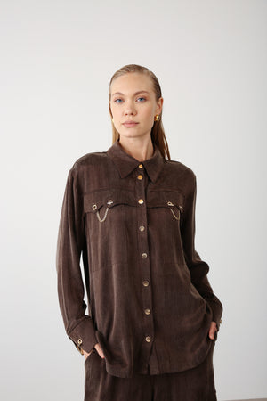 Gold Chain Detailed Pocket Shirt - Brown - QLISHE