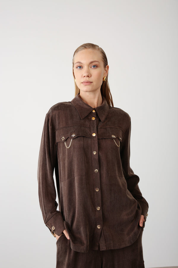 Gold Chain Detailed Pocket Shirt - Brown - QLISHE