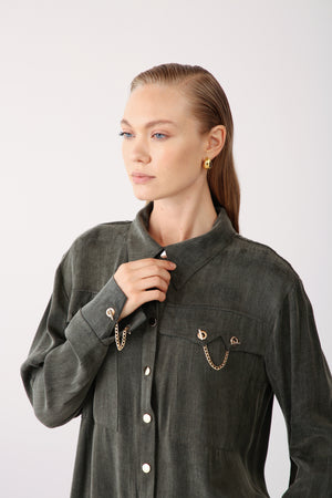 Gold Chain Detailed Pocket Shirt - Khaki - QLISHE