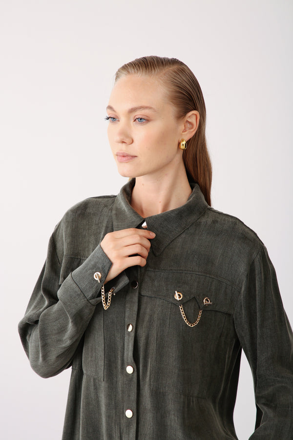 Gold Chain Detailed Pocket Shirt - Khaki - QLISHE