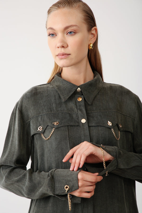 Gold Chain Detailed Pocket Shirt - Khaki - QLISHE