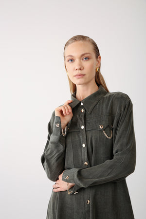 Gold Chain Detailed Pocket Shirt - Khaki - QLISHE