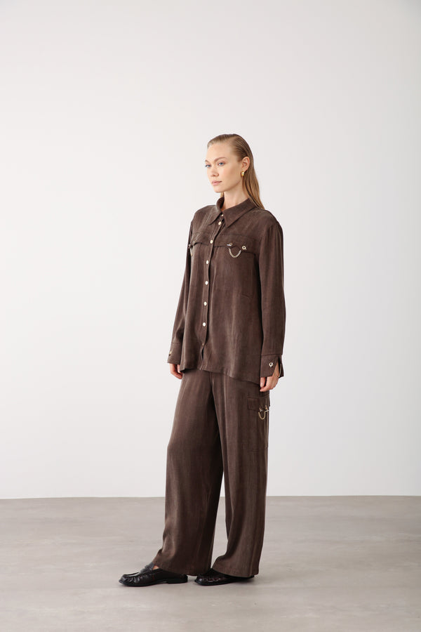 Gold Chain Shirt and Wide - Leg Pants – Brown - QLISHE