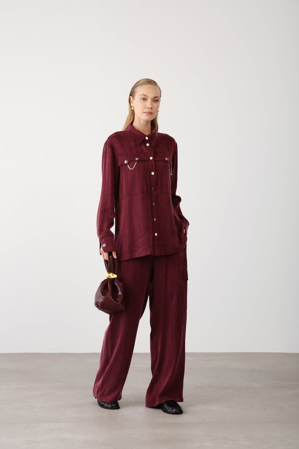 Gold Chain Shirt and Wide - Leg Pants – Burgundy - QLISHE