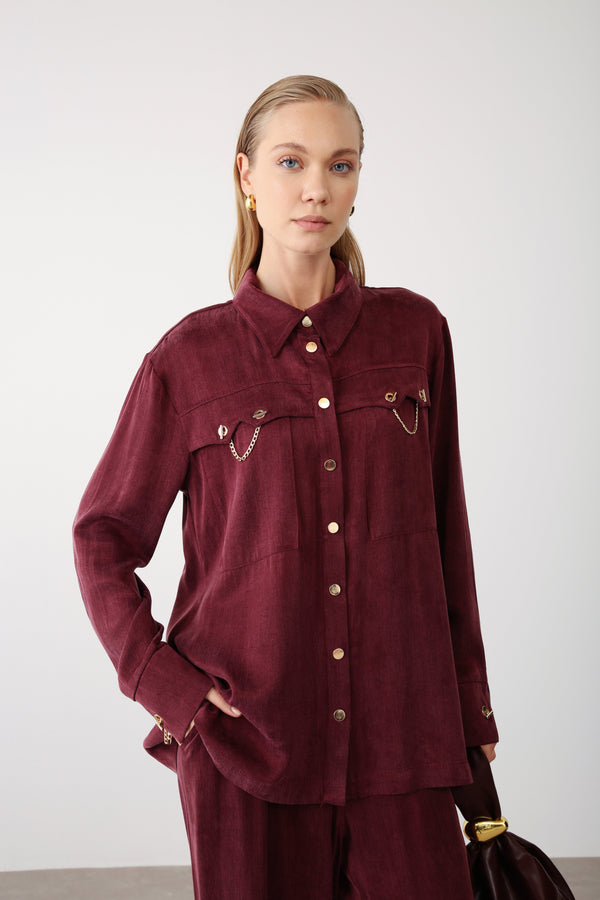 Gold Chain Shirt and Wide - Leg Pants – Burgundy - QLISHE