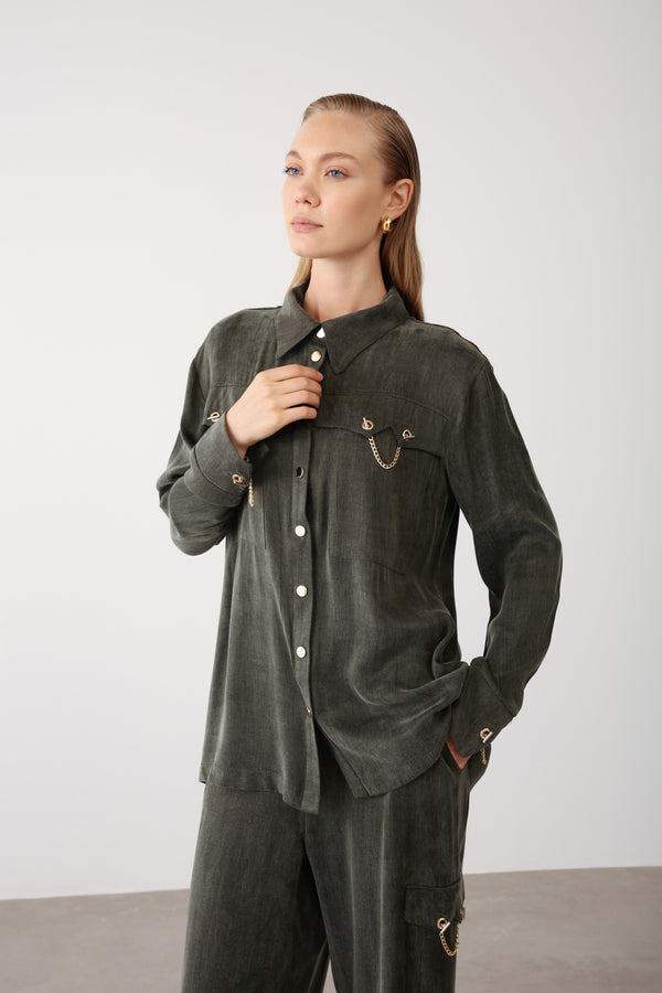 Gold Chain Shirt and Wide - Leg Pants – Khaki - QLISHE