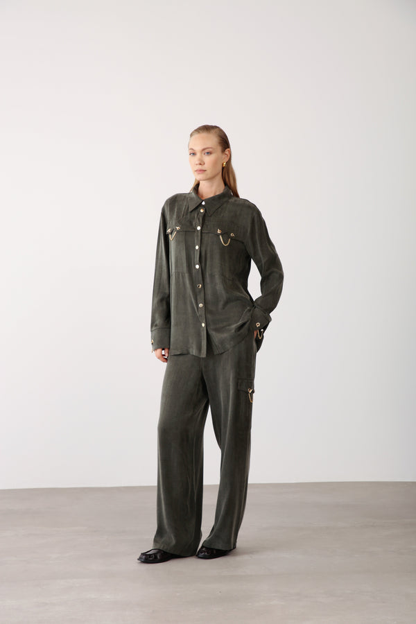 Gold Chain Shirt and Wide - Leg Pants – Khaki - QLISHE