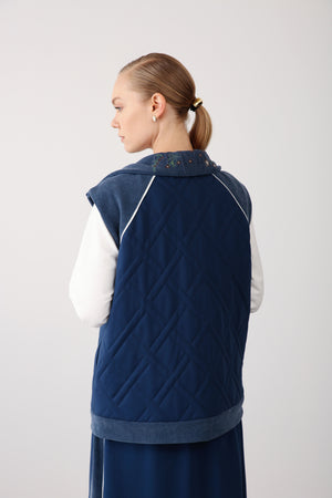 High Neck Contrast Detail Vest – Indigo - QLISHE