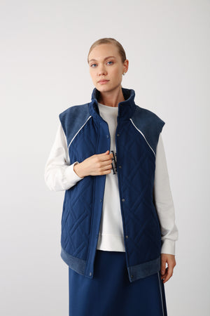 High Neck Contrast Detail Vest – Indigo - QLISHE