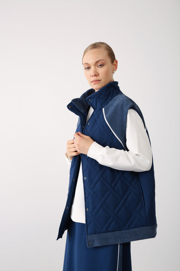 High Neck Contrast Detail Vest – Indigo - QLISHE