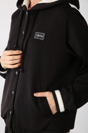 Hooded Snap Button Jacket - Black - QLISHE