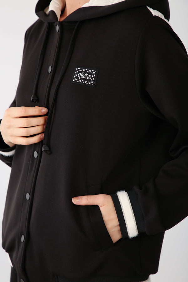 Hooded Snap Button Jacket - Black - QLISHE