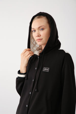 Hooded Snap Button Jacket - Black - QLISHE