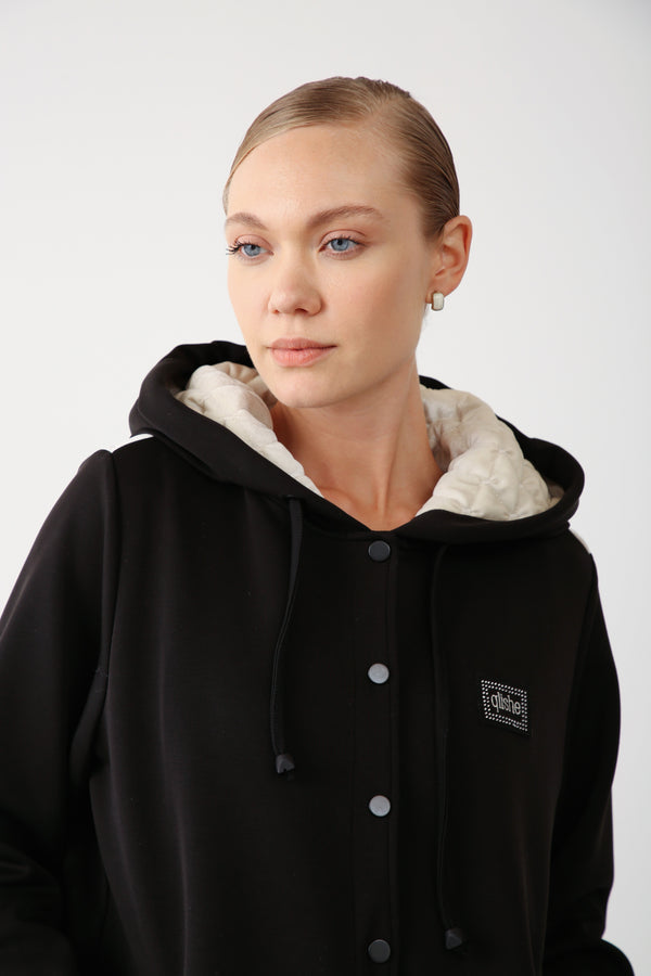 Hooded Snap Button Jacket - Black - QLISHE
