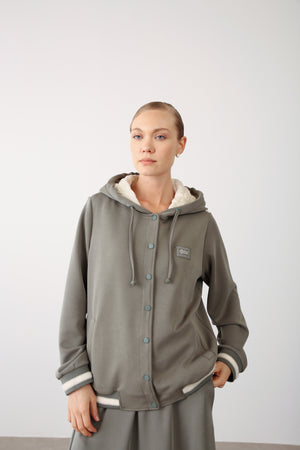 Hooded Snap Button Jacket - Khaki - QLISHE