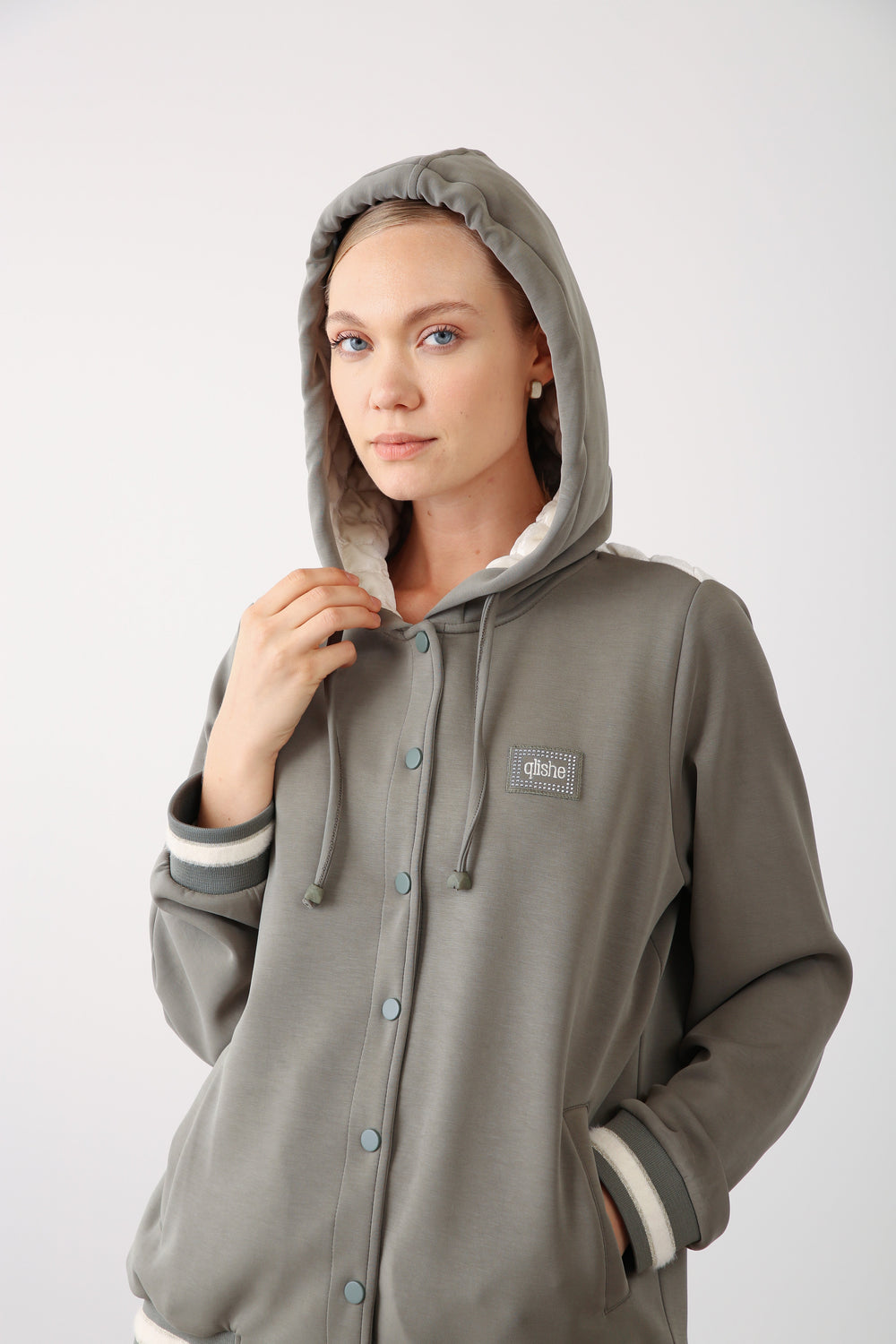 Hooded Snap Button Jacket - Khaki - QLISHE