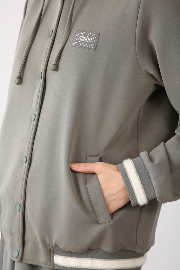 Hooded Snap Button Jacket - Khaki - QLISHE