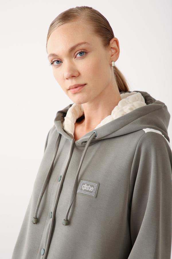 Hooded Snap Button Jacket - Khaki - QLISHE