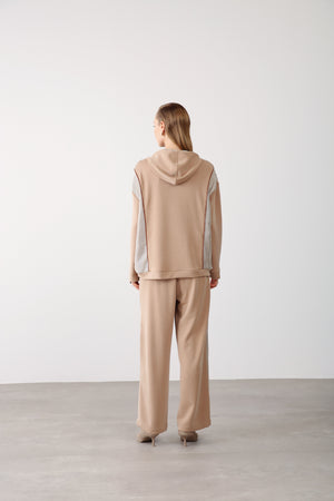 Mesh Detail Hooded Sweatshirt - Beige - QLISHE