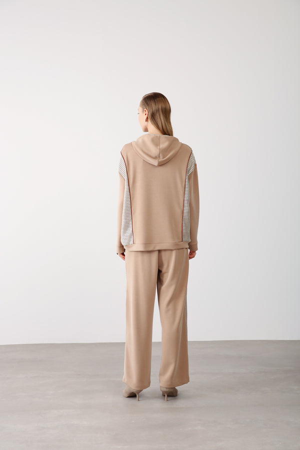 Mesh Detail Hooded Sweatshirt - Beige - QLISHE