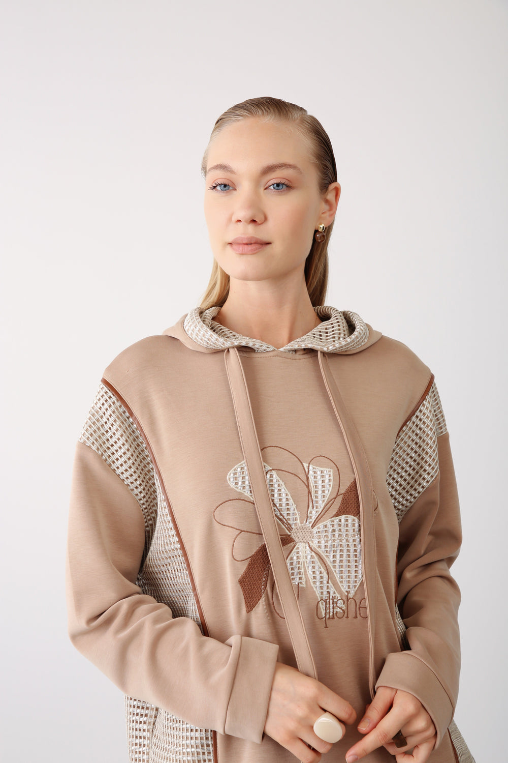 Mesh Detail Hooded Sweatshirt - Beige - QLISHE