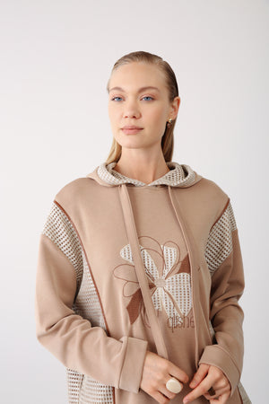 Mesh Detail Hooded Sweatshirt - Beige - QLISHE