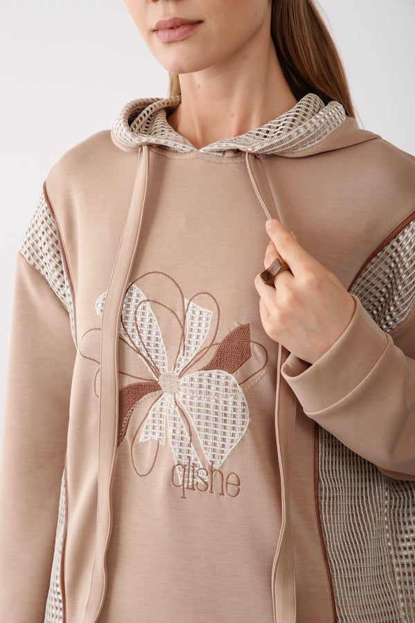 Mesh Detail Hooded Sweatshirt - Beige - QLISHE