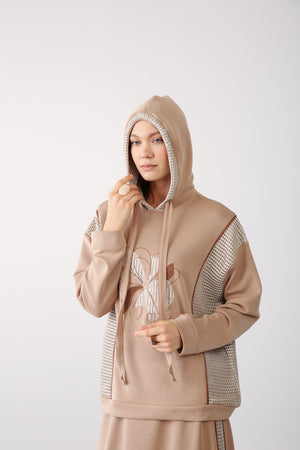 Mesh Detail Hooded Sweatshirt - Beige - QLISHE