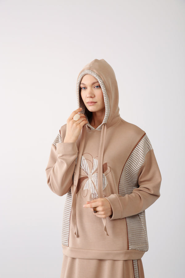 Mesh Detail Hooded Sweatshirt - Beige - QLISHE