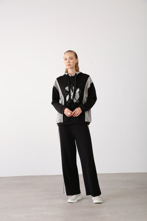 Mesh Detail Hooded Sweatshirt - Black - QLISHE