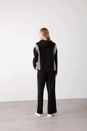 Mesh Detail Hooded Sweatshirt - Black - QLISHE