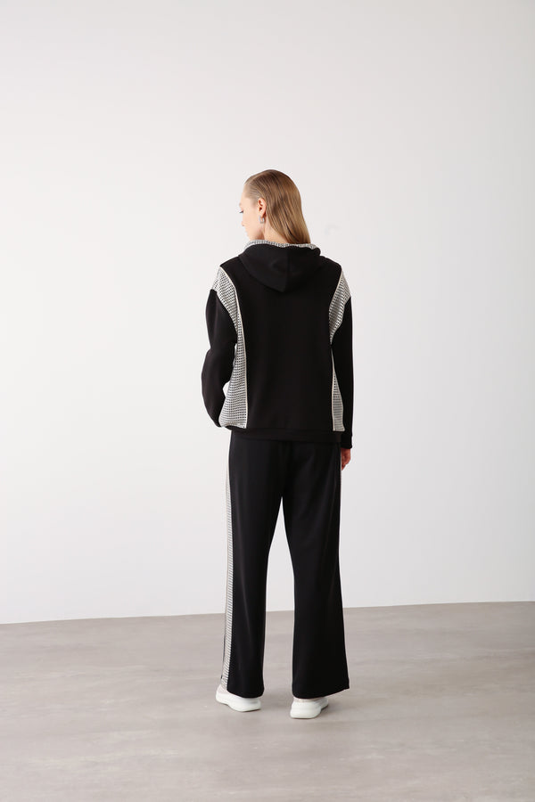 Mesh Detail Hooded Sweatshirt - Black - QLISHE